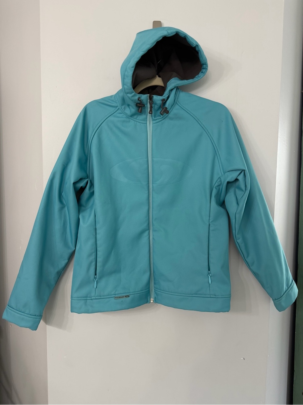 Salomon Women’s Light Blue fleece lined hooded soft shell jacket outdoors hiking
